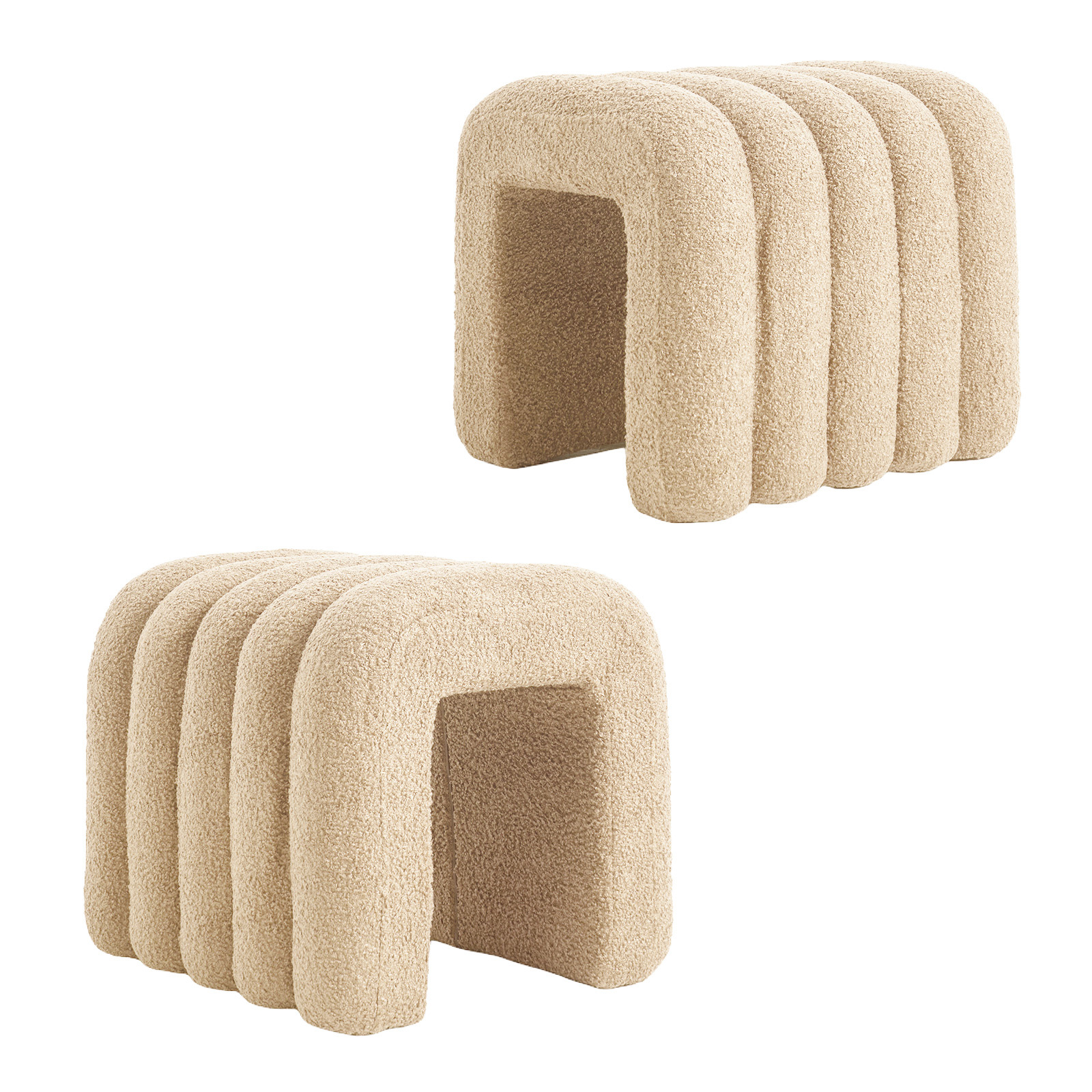 2X Ottoman Stool Teddy Fabric Ridge Arch - BEIGE