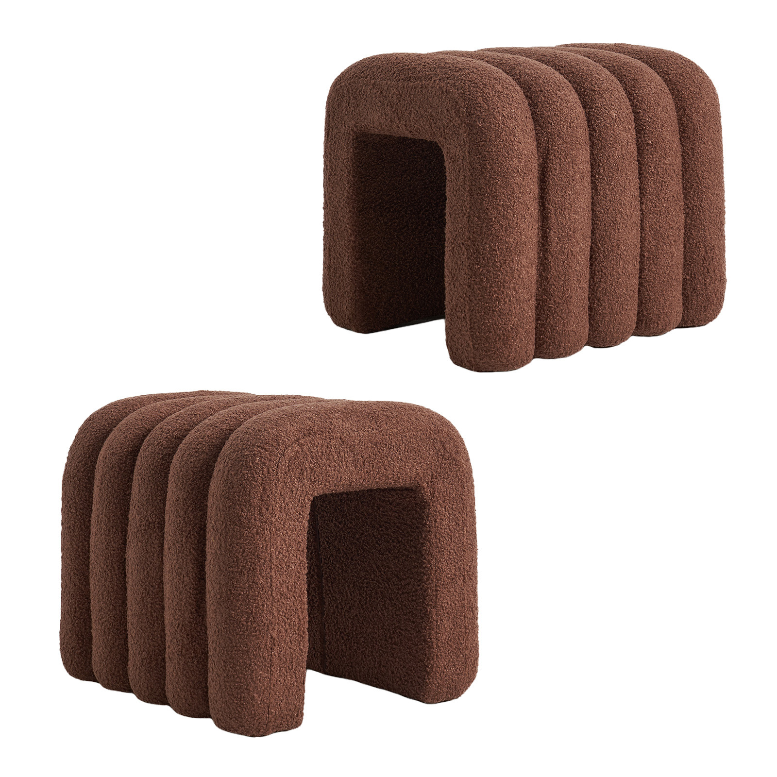 2X Ottoman Stool Teddy Fabric Ridge Arch - BROWN