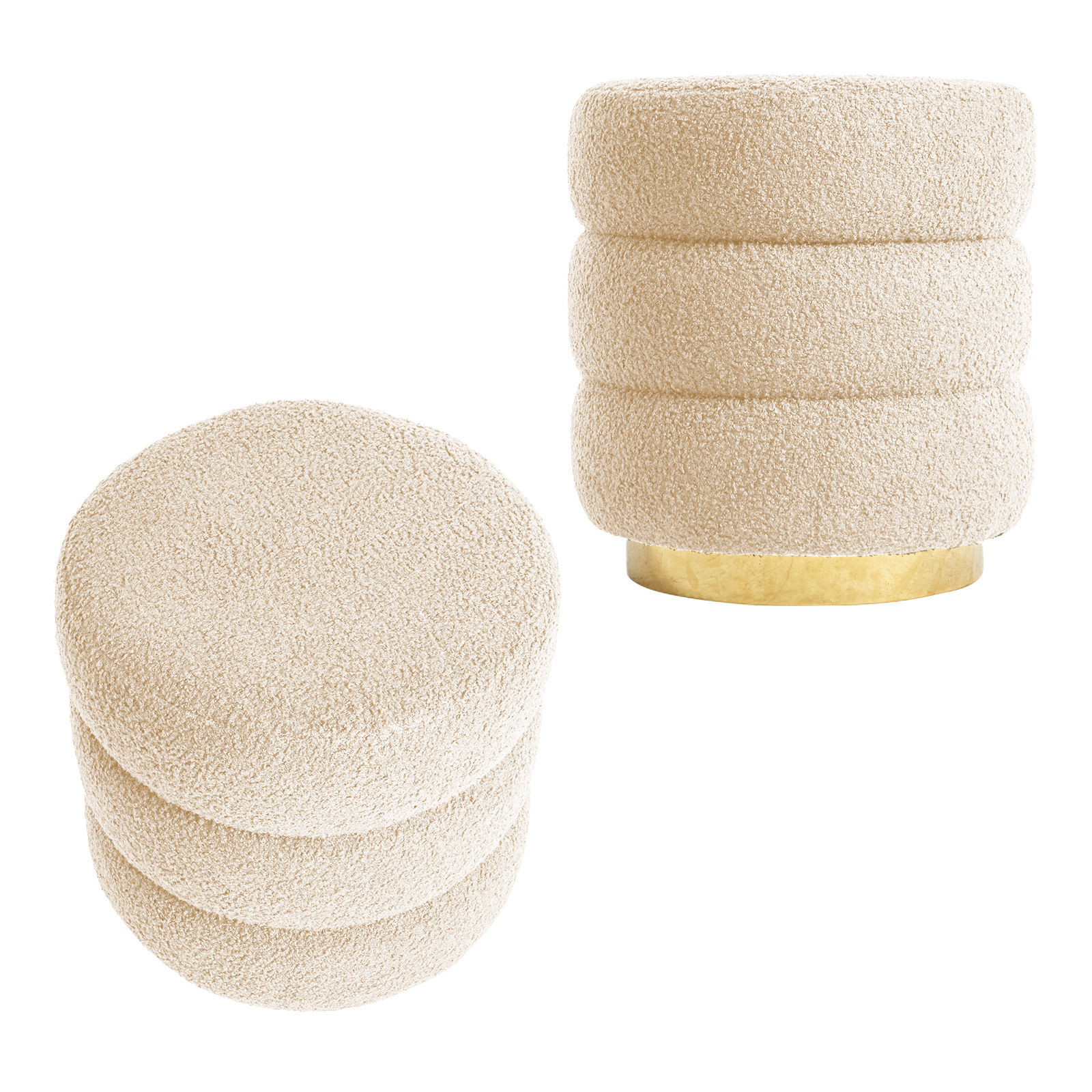 2X Ottoman Stool Teddy Fabric Round Stacked - BEIGE