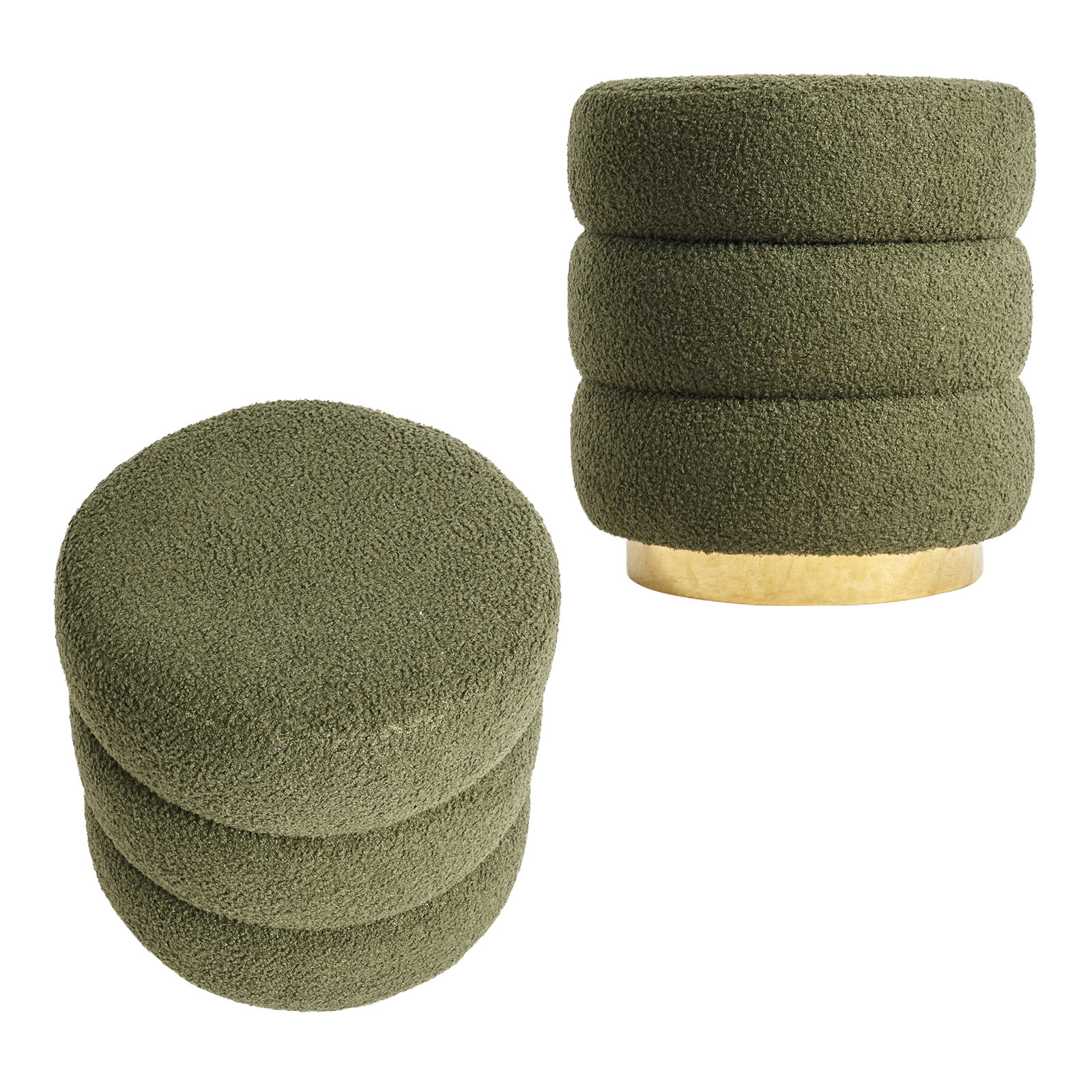 2X Ottoman Stool Teddy Fabric Round Stacked - GREEN