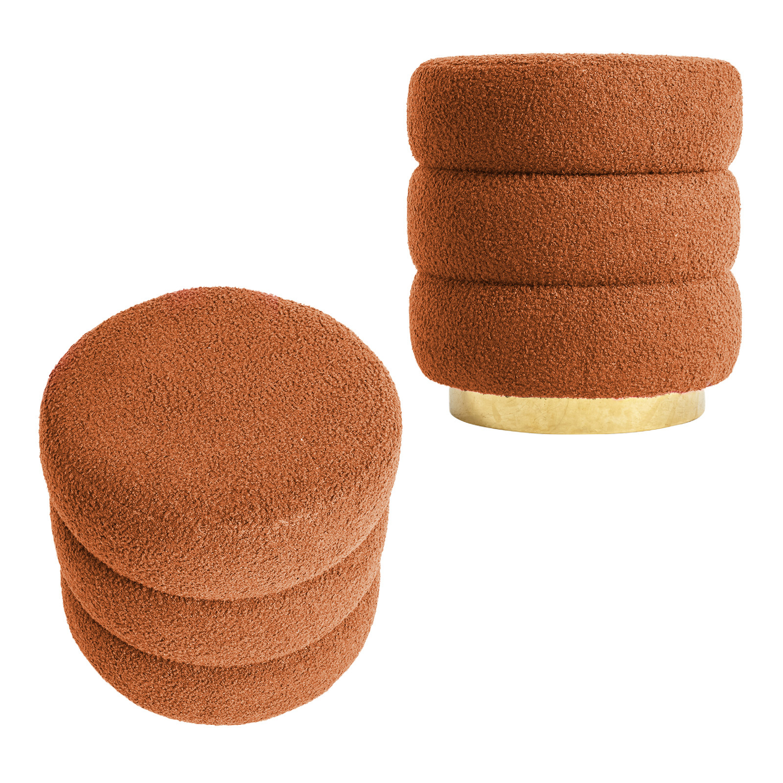 2X Ottoman Stool Teddy Fabric Round Stacked - ORANGE