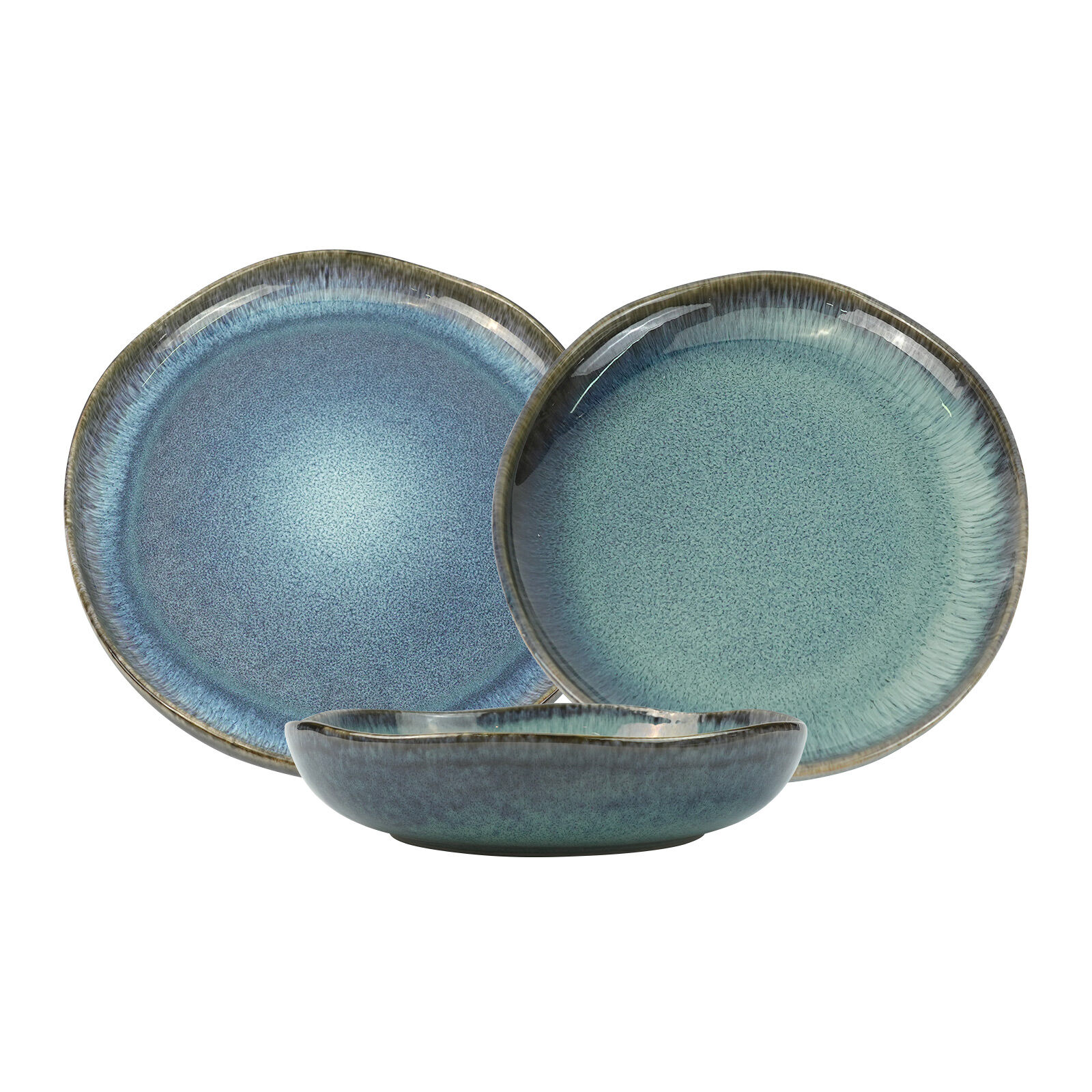 3 Pieces Reactive Glazed Ceramic Organic Fine Dinner Set with Plate and Bowl - Earthy Aqua