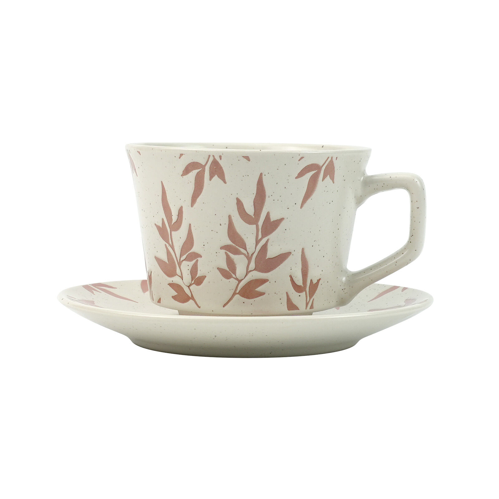 High-Fired Ceramic Stoneware Speckle Cup & Saucer Set 380ml Floral - EARTHY RED