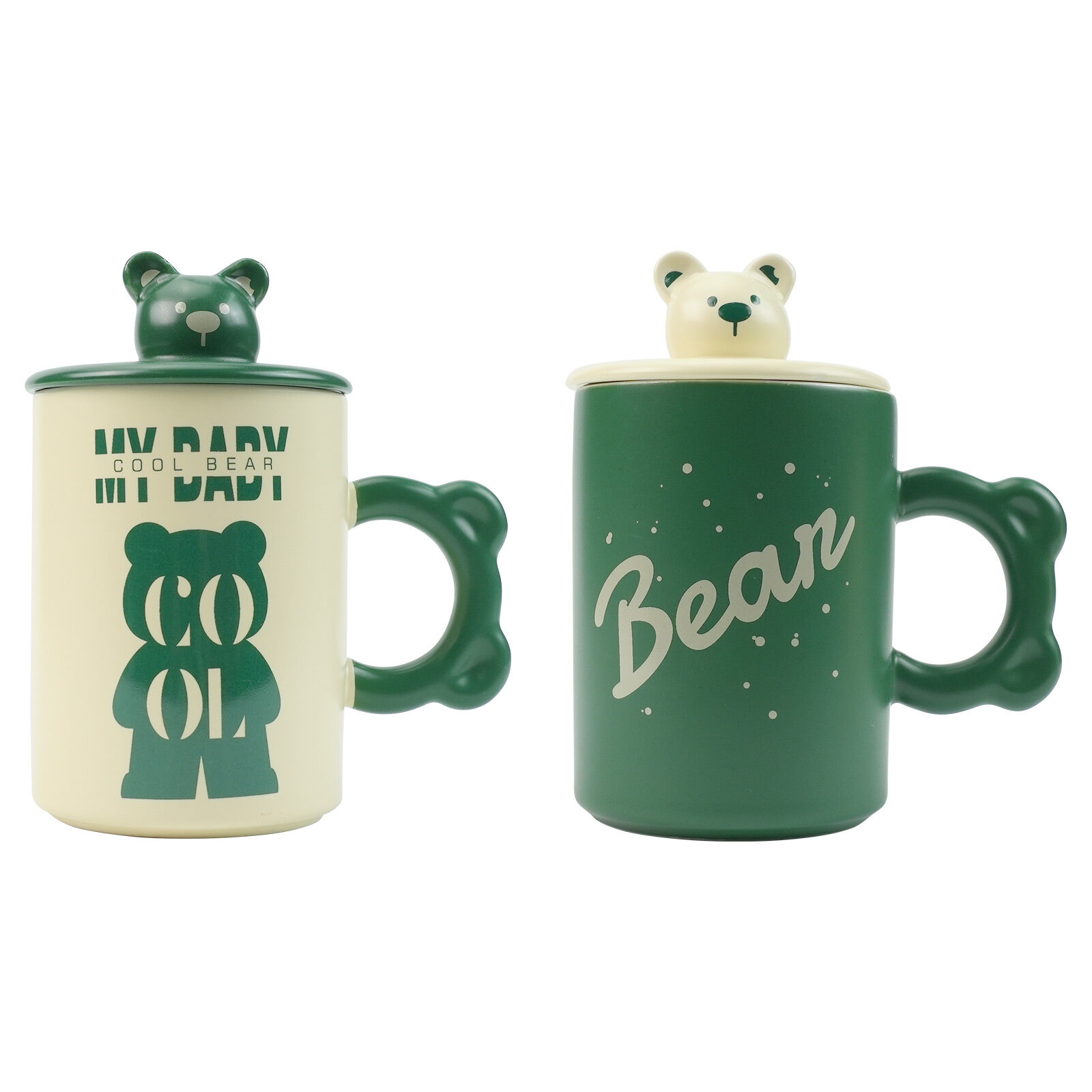 2X High-Fired Ceramic Mug Set with Lid 400ml Bear - GREEN